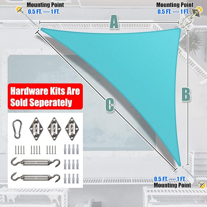 Amgo Custom Size 14' x 23' x 26.9' Turquoise Triangle Sun Shade Sail UPF50+ - Image 6