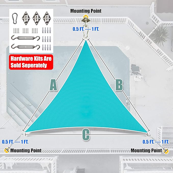Amgo Custom Size 24' x 24' x 24' Turquoise Triangle Sun Shade Sail UPF50+ - Image 6
