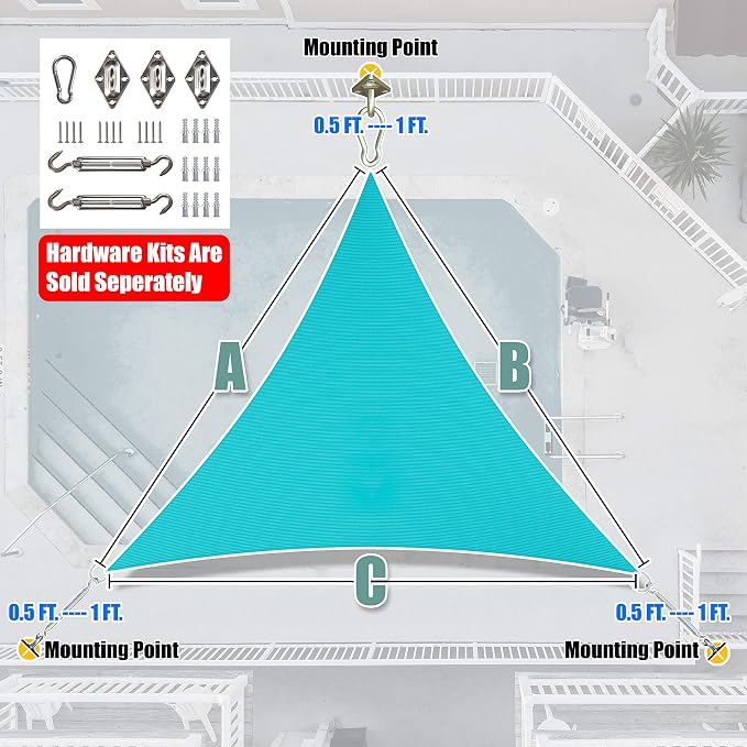 Amgo 10' x 10' x 10' Turquoise Triangle Sun Shade Sail Outdoor Canopy Awning - Image 6