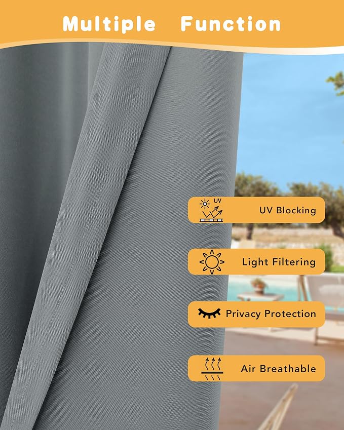 HolidayIdeas Outdoor Curtains for Patio Waterproof 2 Pcs 84x95 Inch Grey | - Image 3