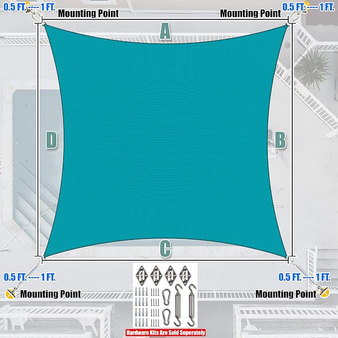 Amgo Custom Size 11' x 23' Turquoise Rectangle Square Sun Shade Sail UPF50+ - Image 8