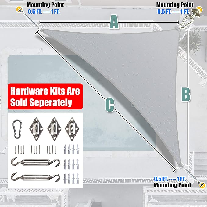 Amgo Custom Size 19' x 21' x 28.3' Gray Right Triangle Sun Shade Sail UPF50+ - Image 6