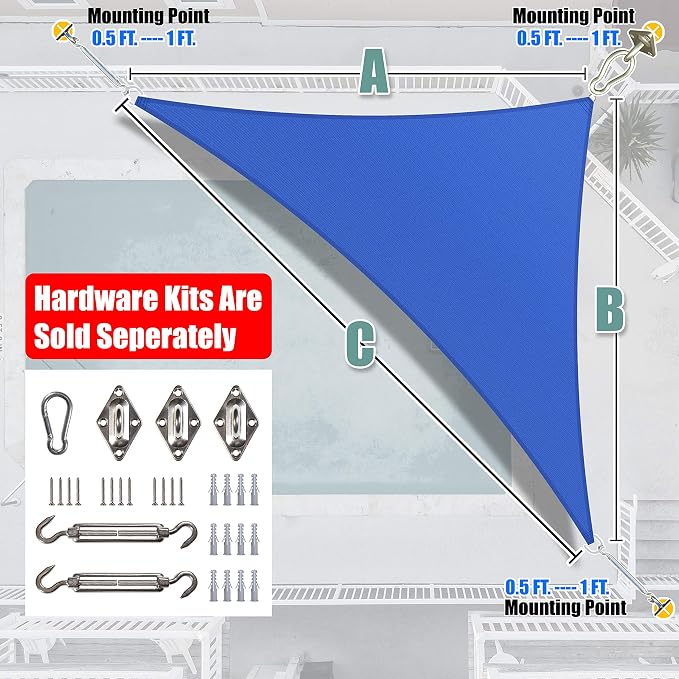 Amgo Custom Size 12' x 21' x 24.2' Blue Right Triangle Sun Shade Sail UPF50+ - Image 6