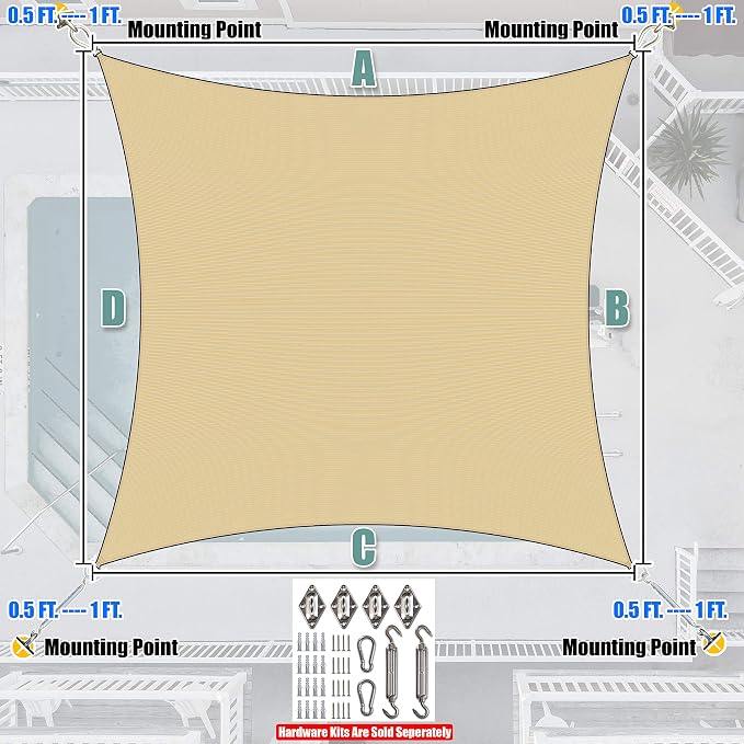 Amgo Custom Size 12' x 15' Beige Rectangle Square Sun Shade Sail UPF50+ - Image 7