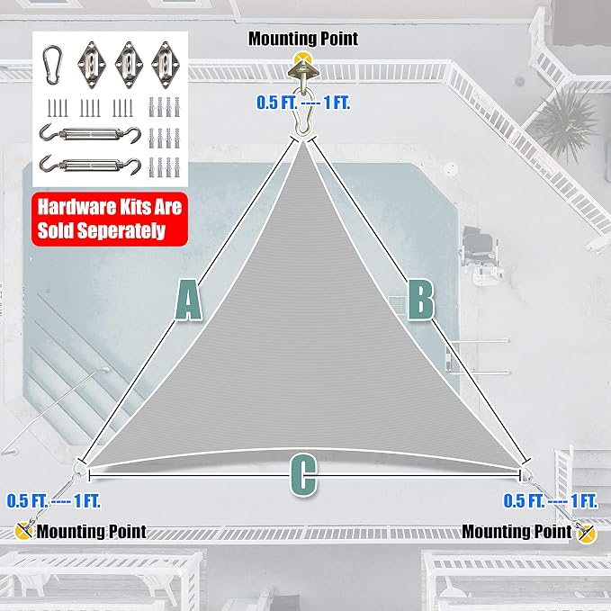 Amgo Custom Size 7' x 7' x 7' Gray Triangle Sun Shade Sail UPF50+ AGTAPT10 - Image 6