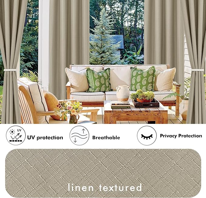 Linen Outdoor Curtains for Patio Waterproof 4 Pcs 54x95 In Taupe | Light - Image 3