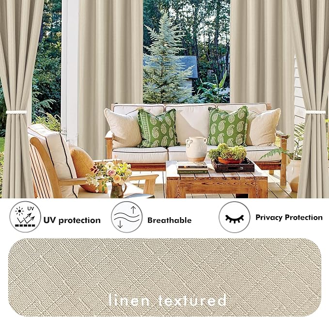 Linen Outdoor Curtains for Patio Waterproof 4 Pcs 54x108 In Cream | Light - Image 3